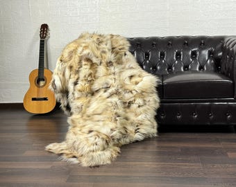Fox fur real throw blanket beige natural elegant bedspread & fox fur rug for living room and bedroom decor