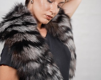 Luxury black silver fox fur scarf collar, warm fluffy fur wrap, gorgeous soft fur shawl
