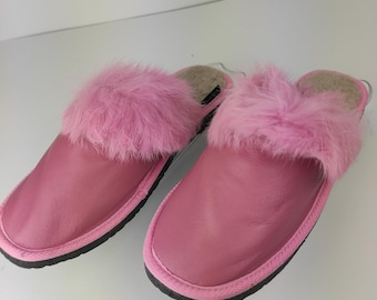 Fur Sheepskin Leather Slippers Pink for Women • Cozy Warm House Wool Slippers  •  Handmade genuine leather slippers