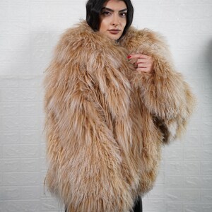 Camel Mongolian Sheepskin Fluffy Jacket Coat Full Skin Displayed On Hanger Real Fur