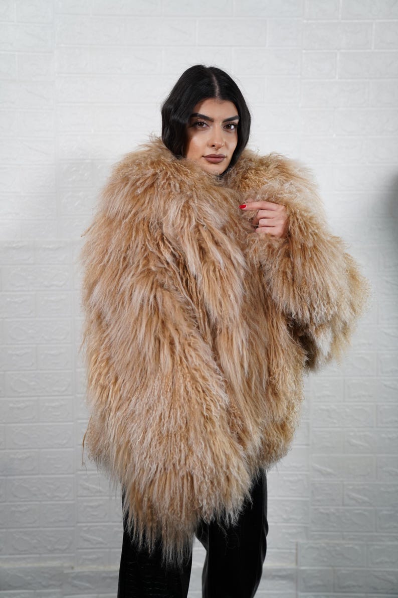 Camel Mongolian Sheepskin Fluffy Jacket Coat Full Skin Displayed On Hanger Real Fur