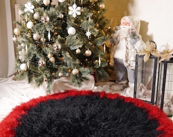 Mongolian sheepskin christmas tree skirt red black fluffy luxury holiday decor