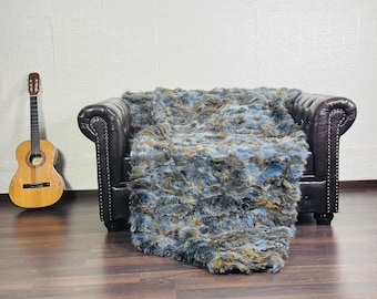 Gorgeous Real FOX FUR Throw Brown Blue • Large Area Rug  • Genuine Fur Rug  • Ethically Farmed Fox Fur  • Scandinavian Decor