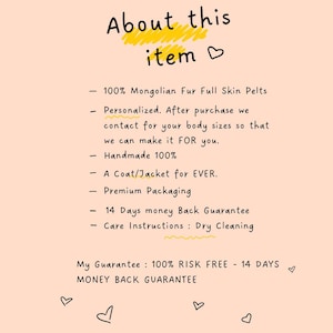 Puede incluir: Un gr&aacute;fico color melocot&oacute;n con el texto "About this item" y vi&ntilde;etas que describen un producto. El texto incluye "100% Mongolian Fur Full Skin Pelts", "Handmade 100%" y "14 Days money Back Guarantee".