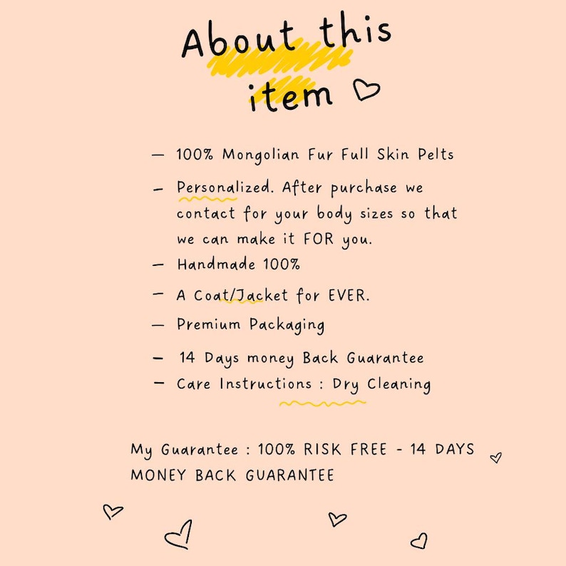 Puede incluir: Un gr&aacute;fico color melocot&oacute;n con el texto "About this item" y vi&ntilde;etas que describen un producto. El texto incluye "100% Mongolian Fur Full Skin Pelts", "Handmade 100%" y "14 Days money Back Guarantee".