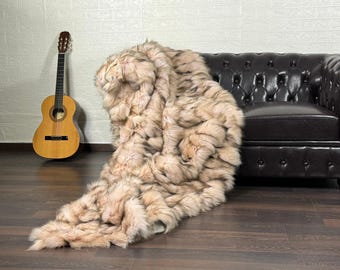 Real Pink Fox Fur Throw • Personalized Genuine Fur Throw Rug • Housewarming Gift • Handmade Vintage Fur Throw for Living Room n Bedroom
