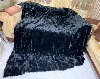 Real Rabbit Fur Blanket Throw Black • Personalized Handmade Fur Sofa Cover n Bedspread • Vintage Rabbit fur Throw Blanket