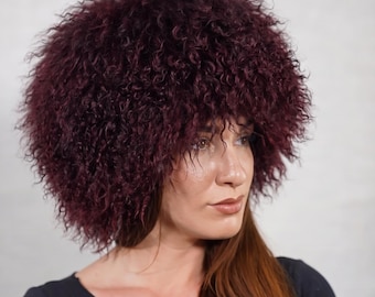 Mongolian sheepskin wool hat red burgundy fluffy winter women adjustable velvet lined