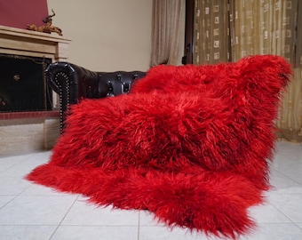 Mongolian sheepskin wool blanket red fluffy throw bold home decor luxury gift