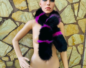 OUTSTANDING Real Fox Fur Scarf Black Fuchsia – Cozy Winter Wrap – Luxurious, Sustainable Fashion Statement
