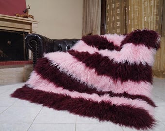 Mongolian sheepskin throw blanket burgundy pink stripes fluffy wool luxury sofa