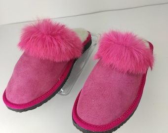 Fur Sheepskin Leather Slippers Fuchsia for Women • Cozy Warm House Wool Slippers  •  Handmade genuine leather slippers