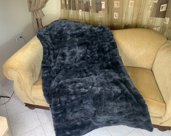 Real Rabbit Fur Blanket Throw Gray •  Personalized  Handmade Fur Sofa Cover n Bedspread • Vintage Rabbit fur Throw Blanket
