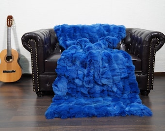 Blue fox fur throw blanket luxury genuine handmade organic ethically sourced large soft 80x200 cm / 31x78 inches
