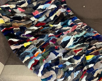 Real Colorful Rabbit Fur Blanket Throw •  Personalized  Handmade Fur Sofa Cover n Bedspread • Vintage Rabbit Fur Throw Blanket