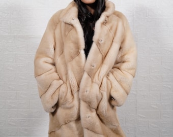 Mink fur coat pastel natural with collar long - Luxury winter fur overcoat