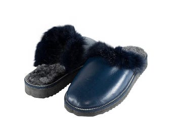 Fur Sheepskin Leather Slippers Blue for Women • Cozy Warm House Wool Slippers  •  Handmade genuine leather slippers