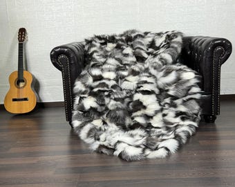 Real Black White Fox Fur Throw • Personalized Genuine Fur Throw Rug • Handmade Vintage Fur Throw for Living Room n Bedroom