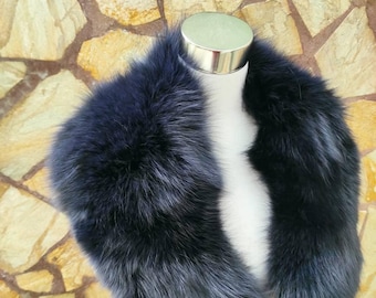Gorgeous blue black fox fur collar scarf handmade warm fur stole elegant soft fur shawl