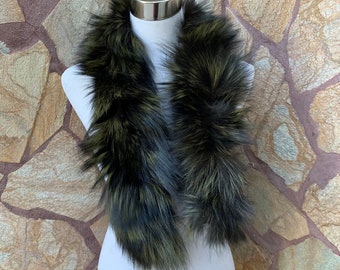 Fur trim for hood • Black Green Vintage Fox Fur Collar Scarf •  Fur Trim for Jacket