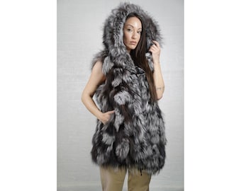 Stylish fox fur silver vest jacket with hood for women personalized winter fashion