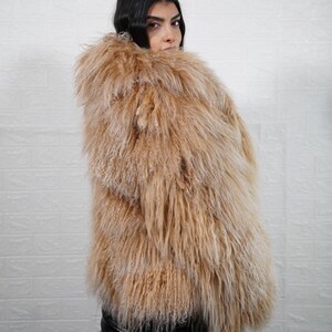 Camel Mongolian Sheepskin Fluffy Jacket Coat Full Skin On Model Handmade Statement Outerwear