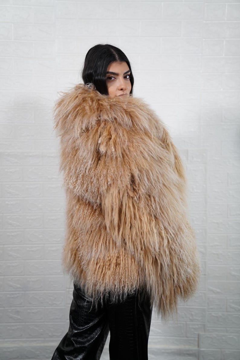 Camel Mongolian Sheepskin Fluffy Jacket Coat Full Skin On Model Handmade Statement Outerwear