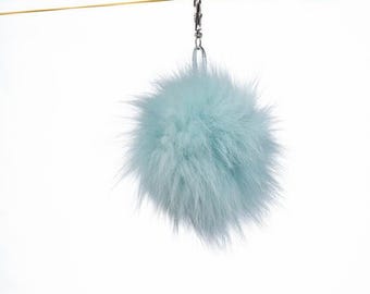 Blue Real Fox Fur Pom Pom Keychain - Handmade Fur Ball Keyrings For Car or House Keys & Bags | Women Accessories For Birthdays Gift