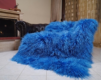 Mongolian sheepskin throw blanket blue fluffy wool luxury sofa accent gift