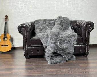 Luxurious DOUBLE SIDED Real FOX Fur Blanket Throw Gray - Personalized Handcrafted Warmth for Home Decor - Organically Farmed Fox Fur