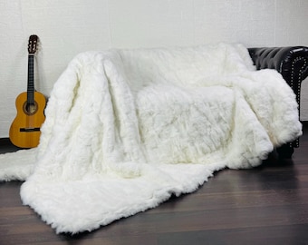Real Rabbit Pelt Fur Blanket Throw White • Personalized Handmade Fur Sofa Cover n Bedspread • Vintage Rabbit fur Throw Blanket