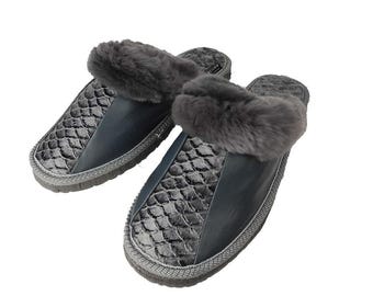 Fur Sheepskin Leather Slippers Gray for Women • Cozy Warm House Wool Slippers  •  Handmade genuine leather slippers
