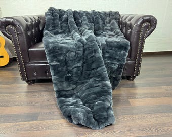 GORGEOUS Real Gray Rex RABBIT FUR Throw • Large fur Area Rug • Rabbit Fur Rug • Ethically and Organic Farmed Rabbit Fur • Scandinavian Decor