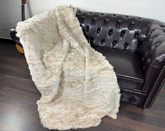 Real DOUBLE SIDED Rabbit Fur Blanket Throw Beige • Personalized Handmade Fur Sofa Cover n Bedspread • Vintage Rabbit fur Throw Blanket