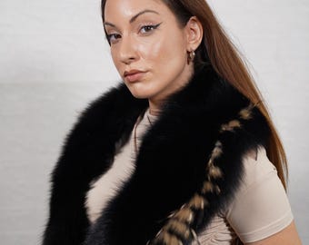 Black gold fluffy fox fur collar scarf handmade warm fur stole elegant soft fur shawl