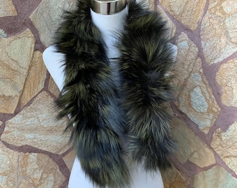 Fur trim for hood • Black Green Vintage Fox Fur Collar Scarf •  Fur Trim for Jacket