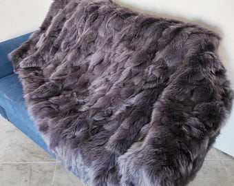 Luxurious fox fur real throw blanket purple, plush bedspread & fox fur rug for living room and bed decor, housewarming gift