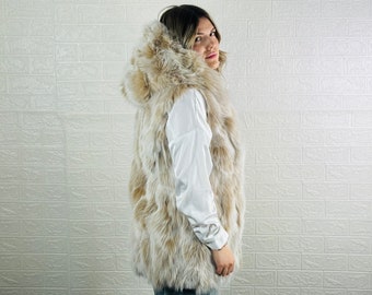 Luxurious Real Fox Fur Coat Long Vest for Women with hood •  Personalized Winter Fashion • Ethically and Organically Farmed Fox Fur