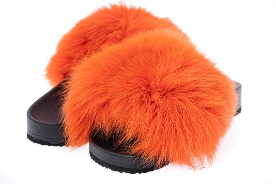Fur Slides Fur Slippers Fox Fur Slides Fluffy Slides Etsy
