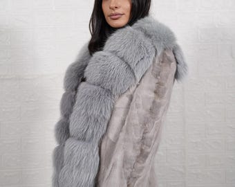 Elegant gray mink fur jacket with huge fox fur collar stole gray in middle and cuffs handmade luxury real fur women fashion