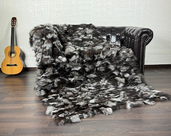 Luxury DOUBLE SIDED Real FOX Fur Blanket Throw Silver - Personalized Handcrafted Warmth for Home Decor - Organically Farmed Fox Fur
