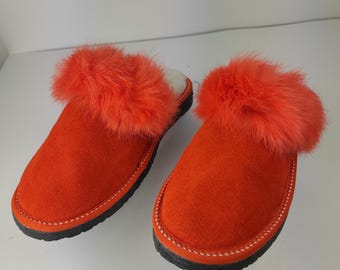 Fur Sheepskin Leather Slippers Orange for Women • Cozy Warm House Wool Slippers  •  Handmade genuine leather slippers