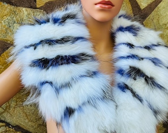 Fox fur collar scarf white with blue detailing detachable fur stole luxurious fur wrap and shawl perfect gift for her