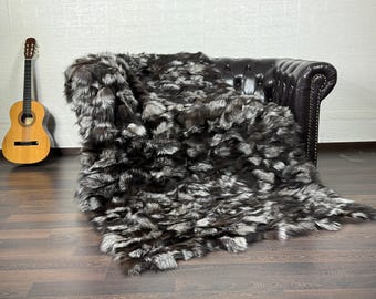 Real Silver Fox Fur Throw • Personalized Genuine Fur Throw Rug • Housewarming Gift • Handmade Vintage Fur Throw for Living Room n Bedroom