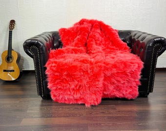 Real Orange Red Fox Fur Throw • Personalized Genuine Fur Throw Rug • Handmade Vintage Fur Throw for Living Room n Bedroom