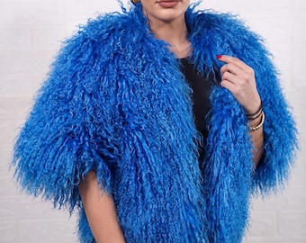 Mongolian sheepskin etol collar blue fluffy wool statement neck wrap women winter