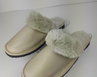 Fur Sheepskin Leather Slippers Beige for Women • Cozy Warm House Wool Slippers  •  Handmade genuine leather slippers