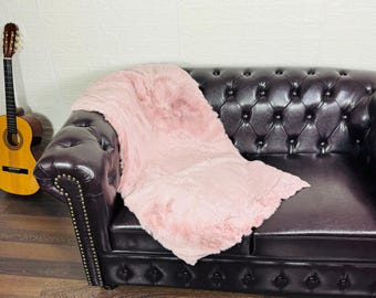 Real DOUBLE SIDED Baby Pink Full Skin Rex Rabbit Fur Blanket Throw • Handmade Fur Sofa Cover n Bedspread • Vintage Rabbit fur Throw Blanket