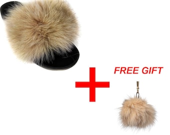 Fur slides, fur slides for women, fox fur slides, Fur keychain FREE Gift