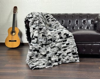 Real DOUBLE SIDED Rex Rabbit Fur Blanket Throw • Handmade Fur Sofa Cover n Bedspread • Vintage Rabbit fur Throw Blanket